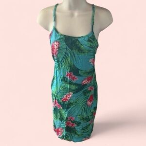 Tropical Floral Spaghetti Strap Dress - Teal with Pink Flowers